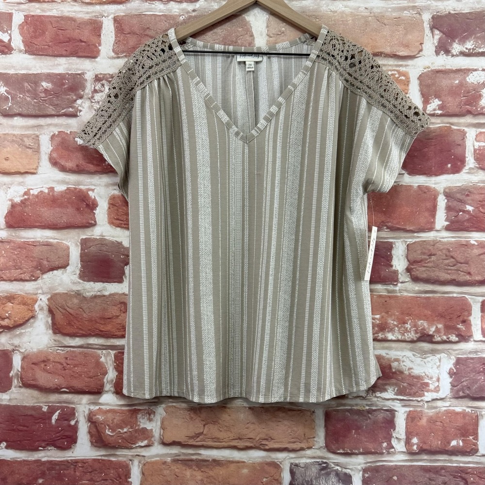 Kate And Lily Top Women's 2X Taupe Brown White Boho Striped Crochet Casual Shirt